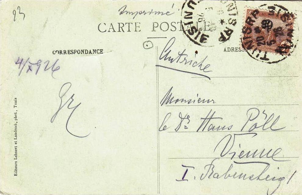 Tunisie C/P ,envoyee 1926 vers l'Autriche,2eme scan Tunis- Rue Sidi Ben Arous-TB