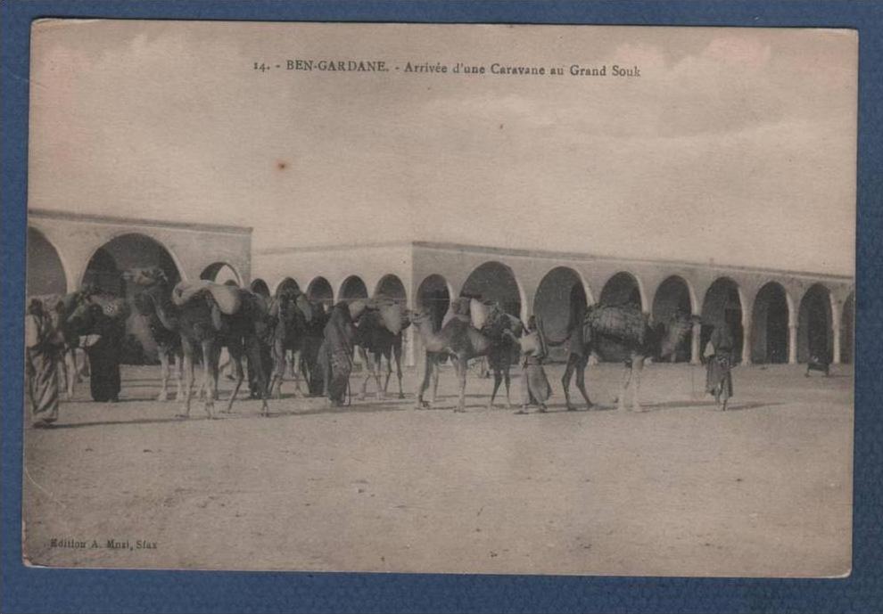 TUNISIE - CP ANIMEE BEN GARDANE - ARRIVEE D'UNE CARAVANE AU GRANS SOUK - EDITION A MUZI SFAX N°14 ECRITE 1916 MILITAIRE