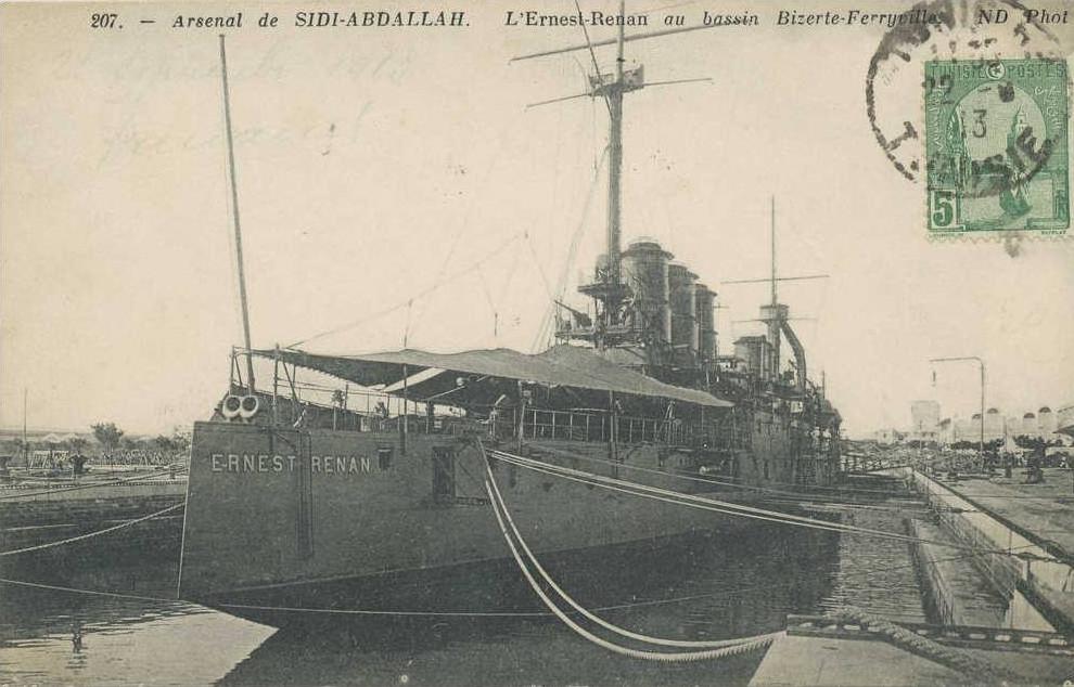 cpa,afrique du nord,TUNISIE en 1913,arsenal de sidi-abdallah,l´ernest renan au lac de bizerte,ex bizerte-ferryville,rare