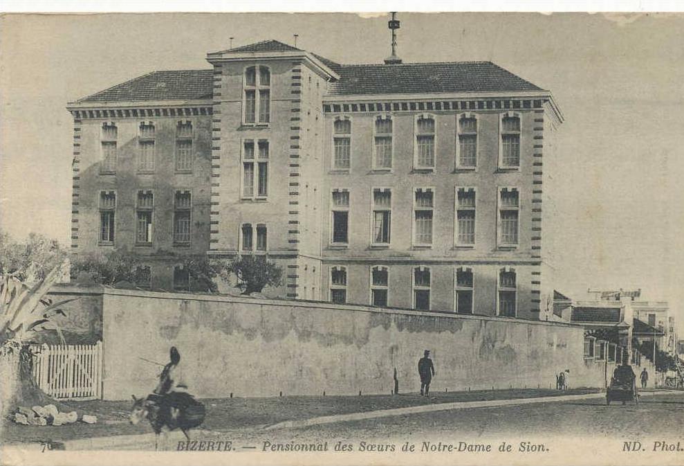 cpa,TUNISIE,BIZERTE,afriq ue du nord,pensionnat des soeurs de notre dame de SION en 1916,rare,vue sur ane et policier,r