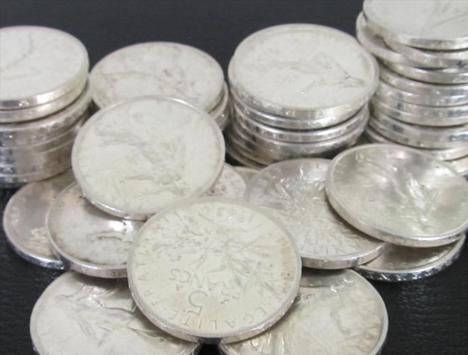 Lot de 47 pièces 5 frs en argent