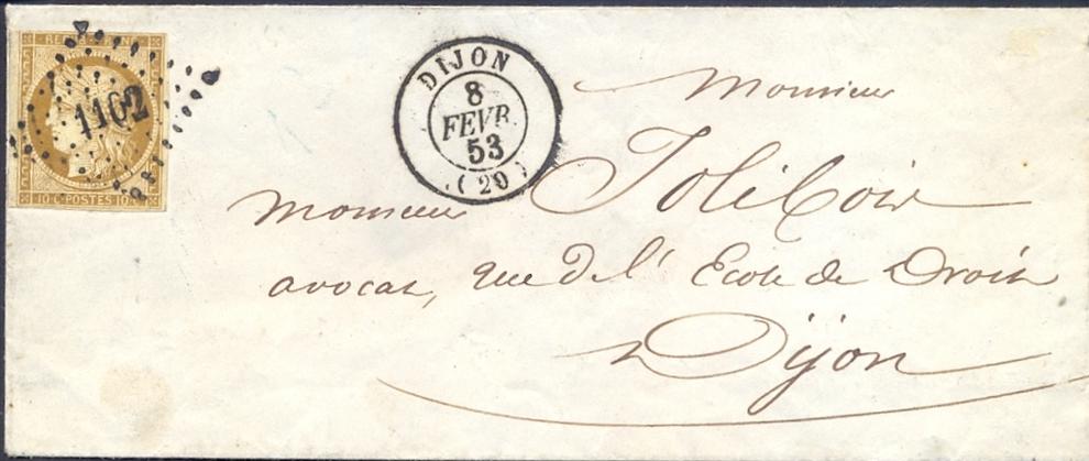 Cérès 10c bistre+ PC 1102 de Dijon seul sur lettre de 1853 - SUP