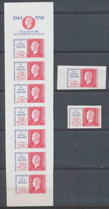 Mise à prix 1 euro - FRANCE Y&T N° 2863 / 2864 + bande carnet 2865 a marianne de dulac 1994 NON DE