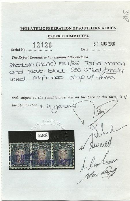 (3182) British South African Company , Admiral s7/6, strip of 3 fiscally used