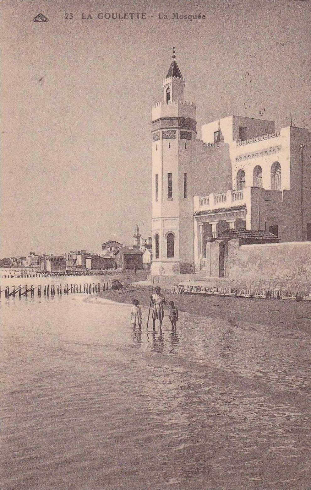 AFRIQUE,AFRICA,AFRIKA,col onie,TUNISE,TUNISIA,MAGHR EB,protectorat français,LA GOULETTE EN 1924,mosquée,pécheur,rare ,mer