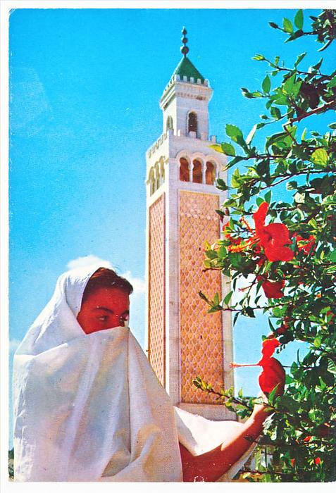 CPSM / CPM 10.5 x 15 Tunisie LA MARSA Le Minaret jeune fille foutah