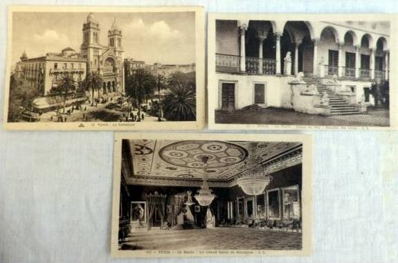 3 cpa Tunis Tunisie animées -la Cathédrale -le Bardo,le Grand Salon de Réception - Palais du Bey , Escalier des Lions -