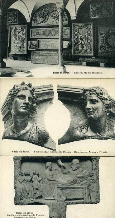 TUNIS MUSEE DU BARDO 3 CARTES FOUILLES DE MAHDIA ASKLEPIOS ET HYGIE - DIONYSOS ET ARIANE