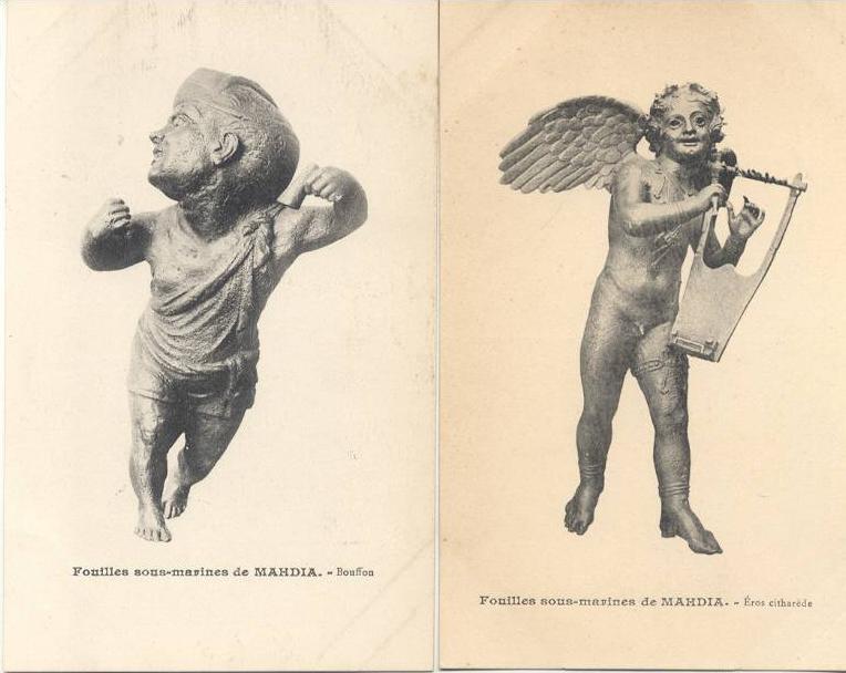 TUNISIE CARTHAGE CARTAGO FOUILLES SOUS MARINES DE MAHDIA BOUFFON ET EROS CITHAREDE CPAs CIRCA 1915 TBE