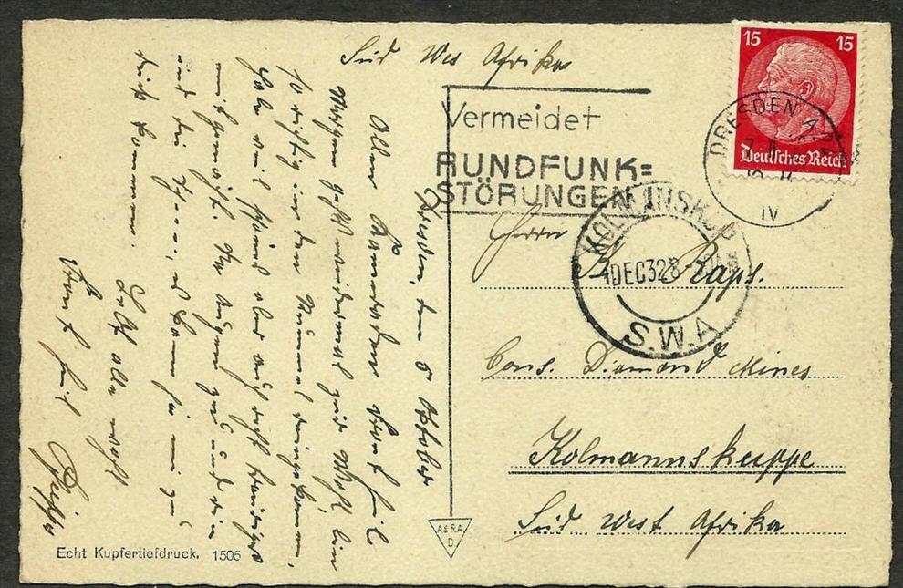 (3144) -Deutsches Reich 1928, Hindenburg 15 Pf auf Postkarte nach Südwestafrika